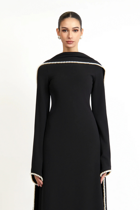 Aurohaya Piroska Black Pearl Trim Shawl Detail Maxi Dress