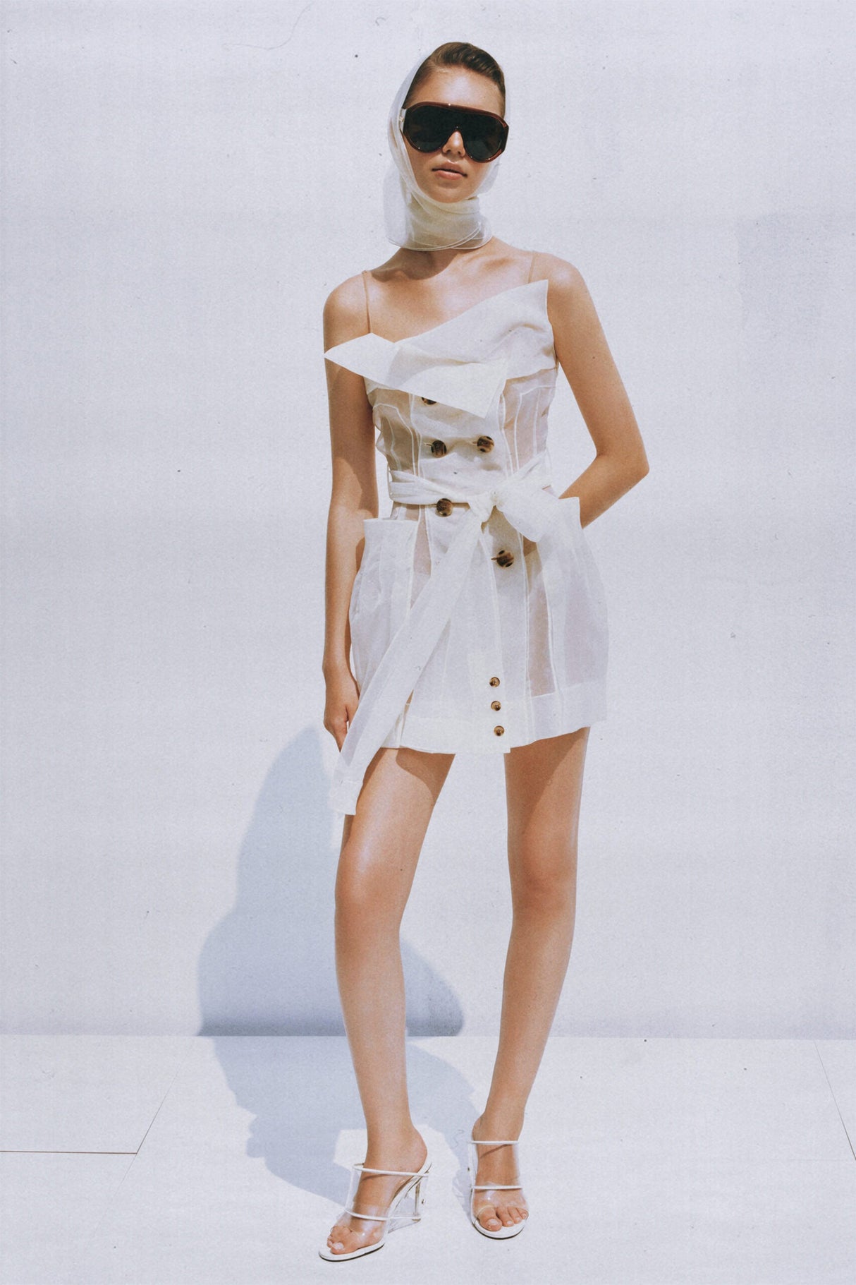 Aurohaya Polliana White Double Breasted Organza Mini Dress