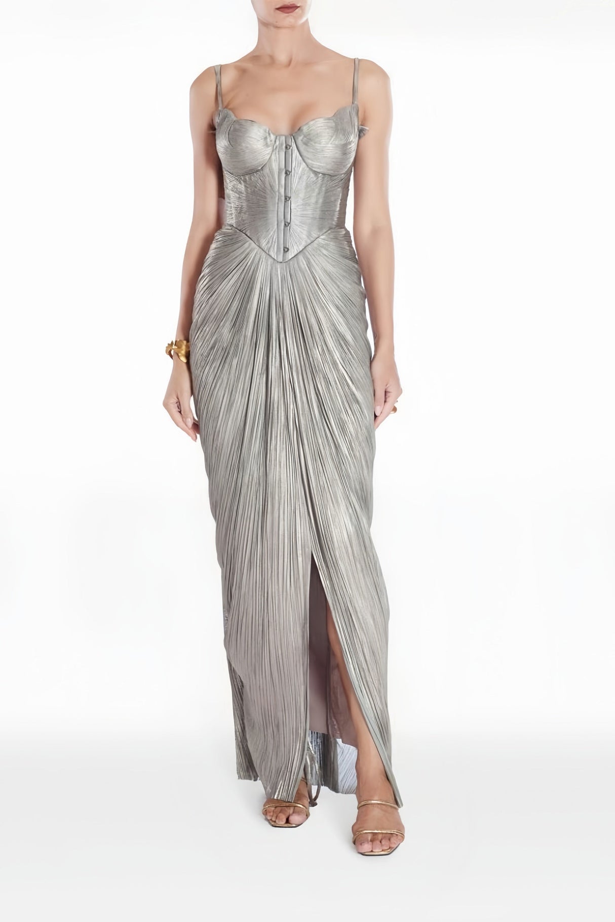 Aurohaya Nicoletta Silver Glossy Pleated Corset Maxi Dress