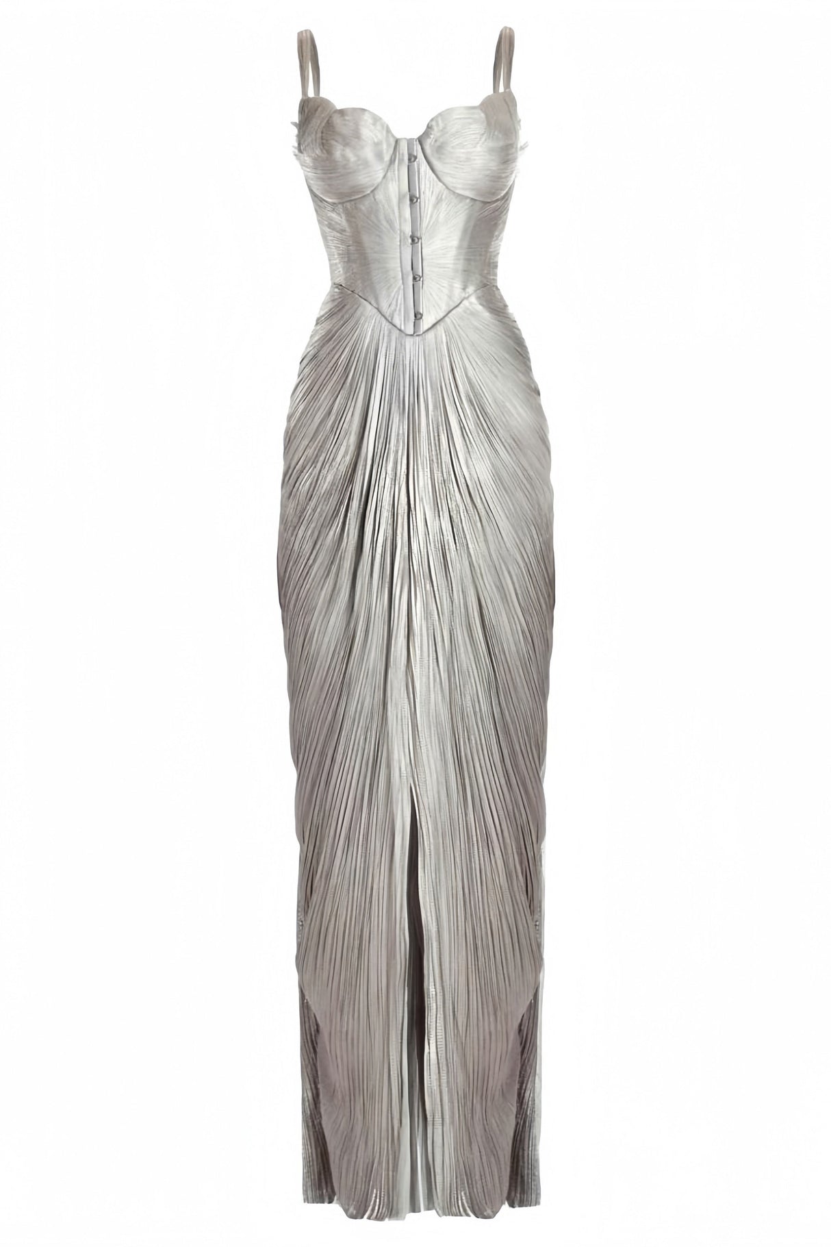 Aurohaya Nicoletta Silver Glossy Pleated Corset Maxi Dress