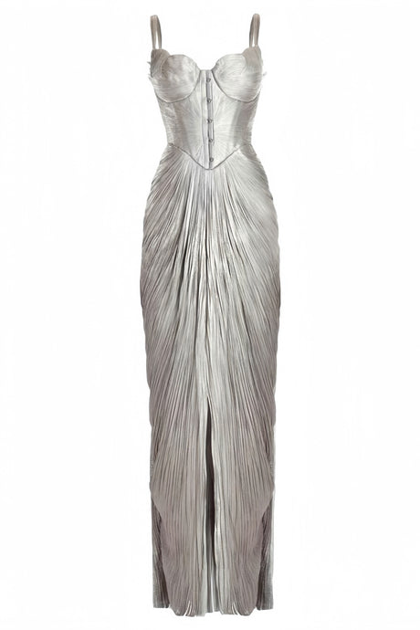 Aurohaya Nicoletta Silver Glossy Pleated Corset Maxi Dress