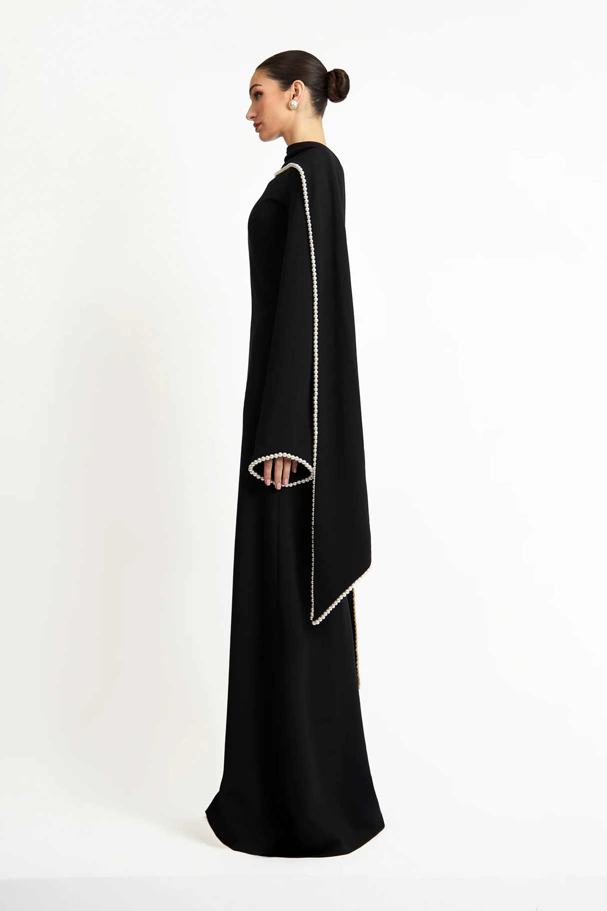 Aurohaya Piroska Black Pearl Trim Shawl Detail Maxi Dress