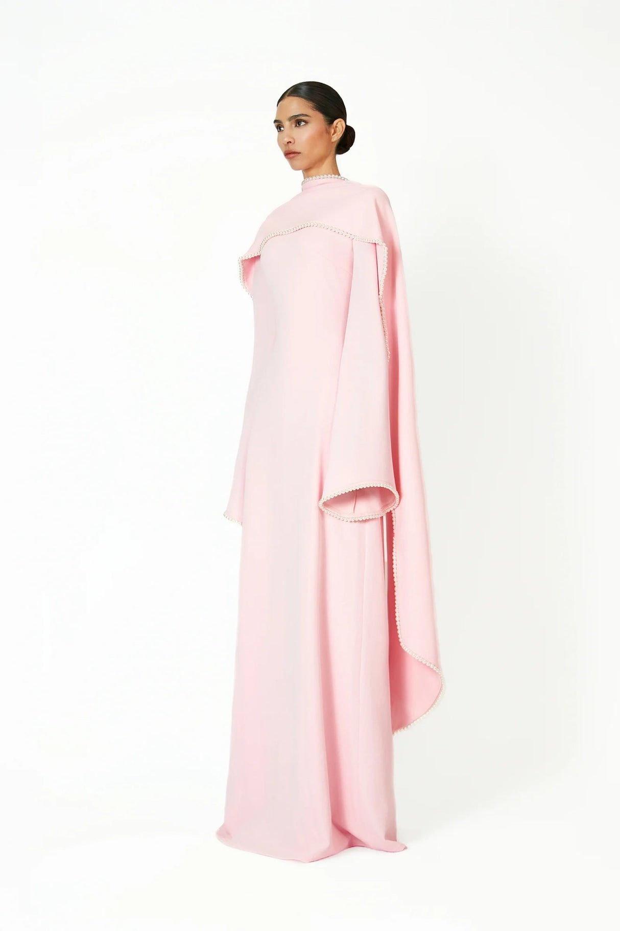 Aurohaya Piroska Pink Pearl Trim Shawl Detail Maxi Dress