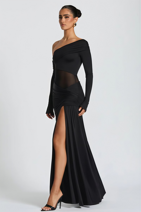 Aurohaya Anastasia Black One Shoulder Gathered Maxi Dress