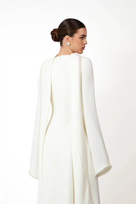 Aurohaya Piroska White Pearl Trim Shawl Detail Maxi Dress