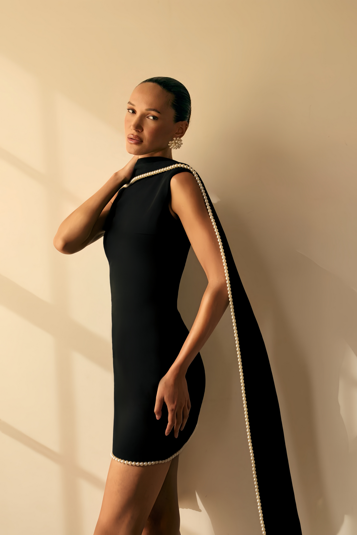 Aurohaya Piroska Black Sleeveless Pearl Trim Mini Dress
