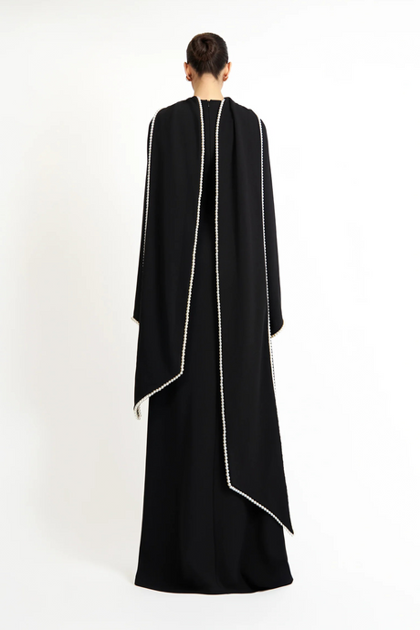 Aurohaya Piroska Black Pearl Trim Shawl Detail Maxi Dress