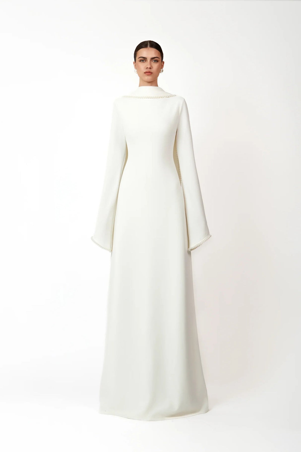 Aurohaya Piroska White Pearl Trim Shawl Detail Maxi Dress