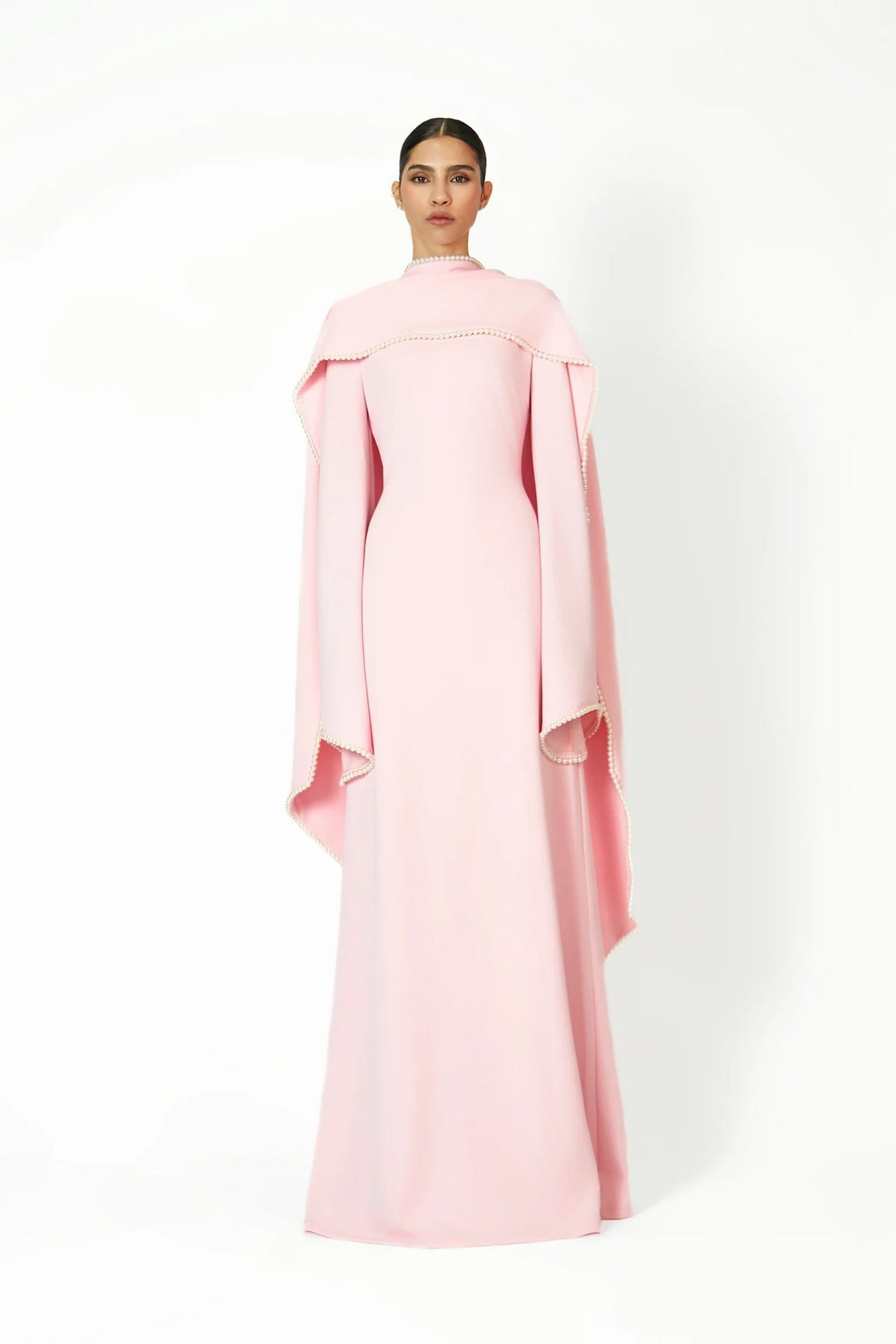Aurohaya Piroska Pink Pearl Trim Shawl Detail Maxi Dress
