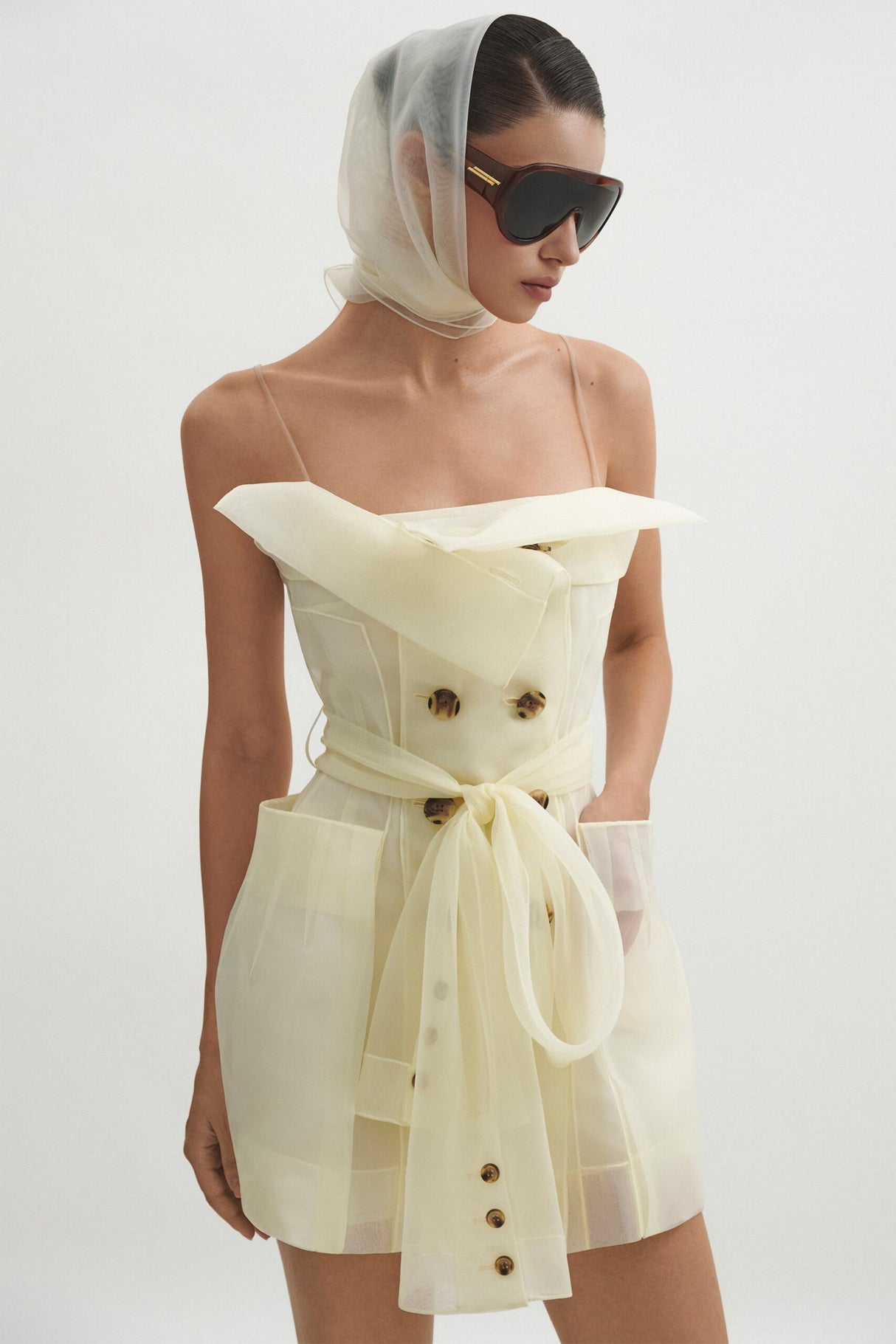 Aurohaya Polliana White Double Breasted Organza Mini Dress