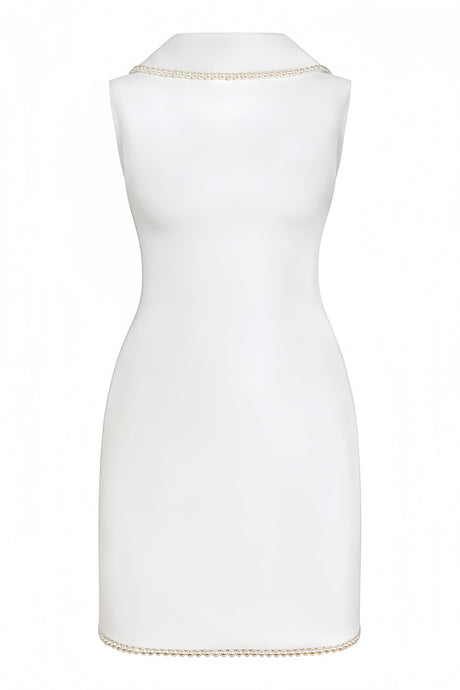 Aurohaya Piroska White Sleeveless Pearl Trim Mini Dress