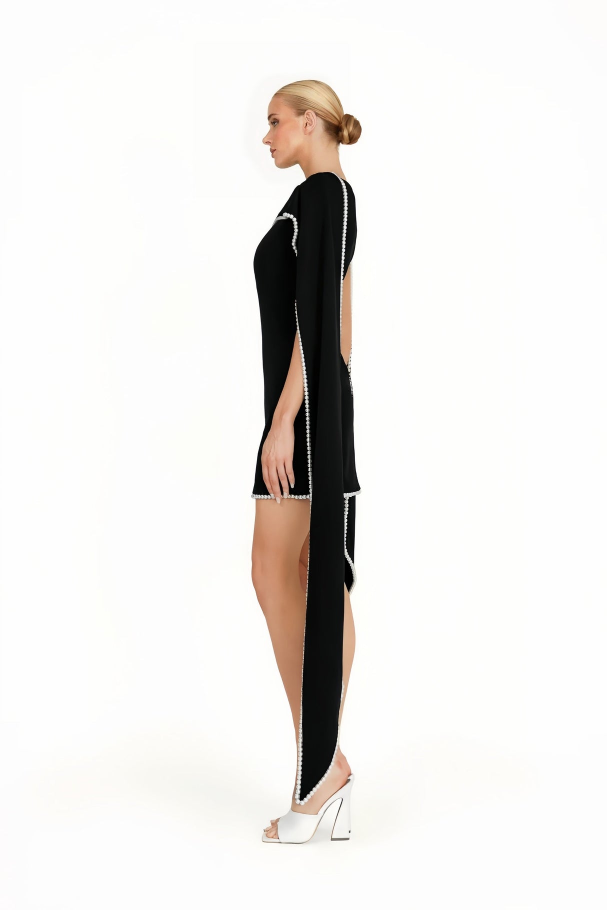 Aurohaya Piroska Black Sleeveless Pearl Trim Mini Dress