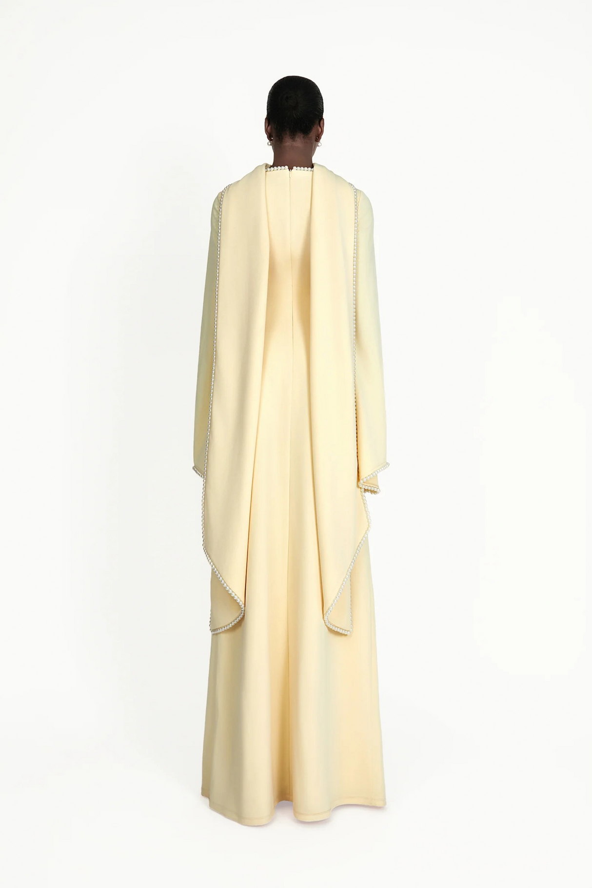 Aurohaya Piroska Yellow Pearl Trim Shawl Detail Maxi Dress