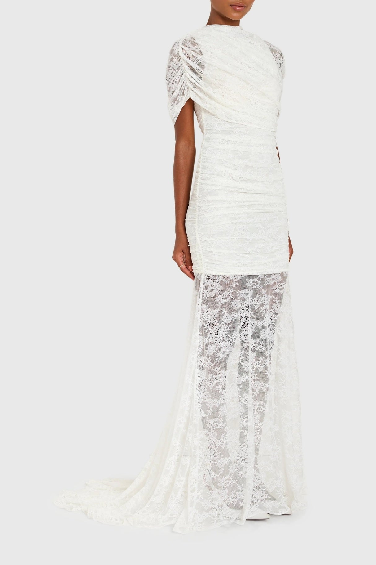 Aurohaya Sylphe White Asymmetrical Ruched Mesh Maxi Dress