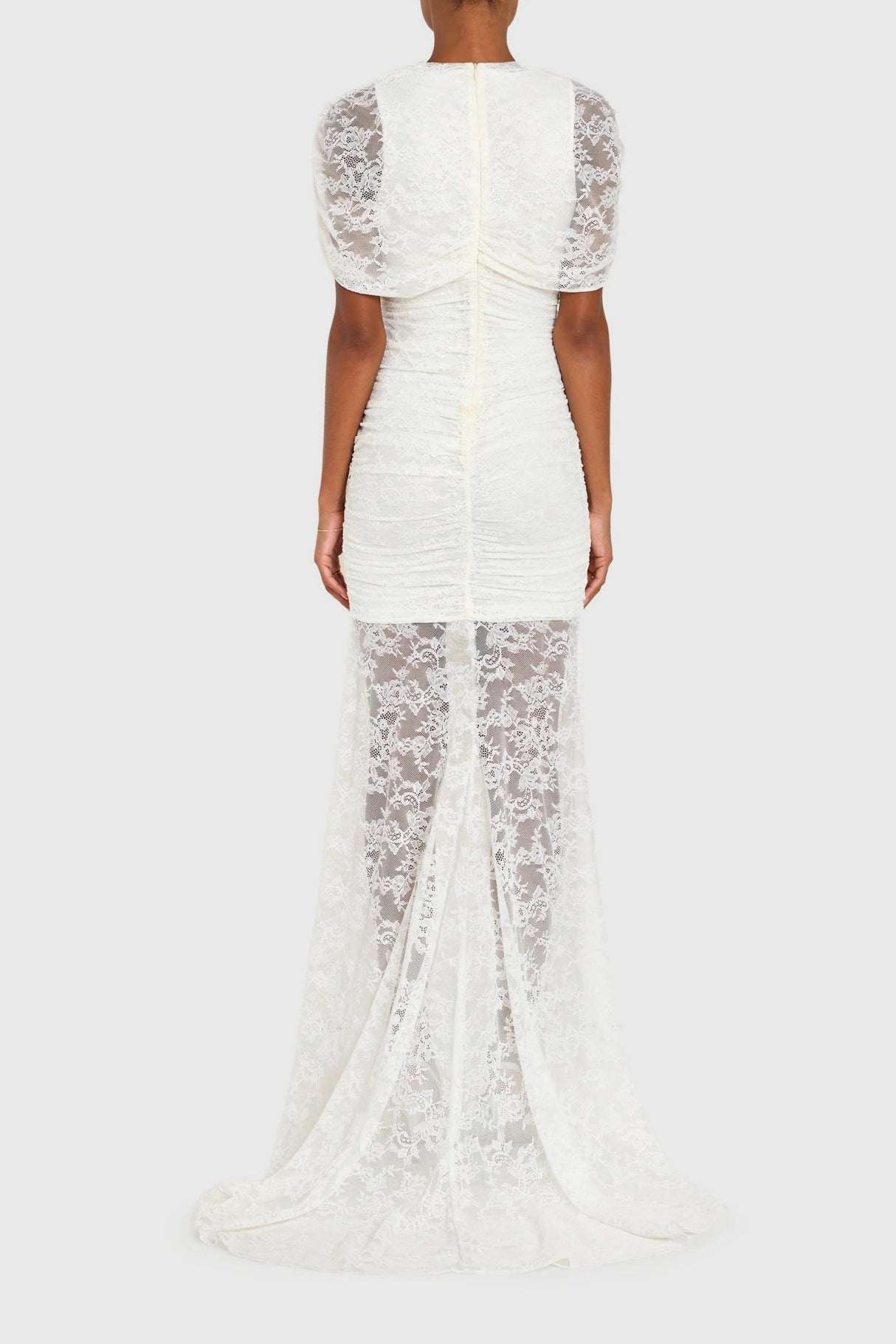 Aurohaya Sylphe White Asymmetrical Ruched Mesh Maxi Dress