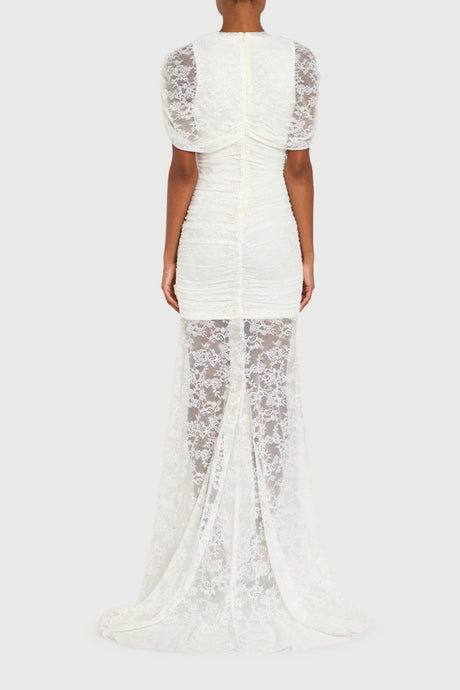 Aurohaya Sylphe White Asymmetrical Ruched Mesh Maxi Dress