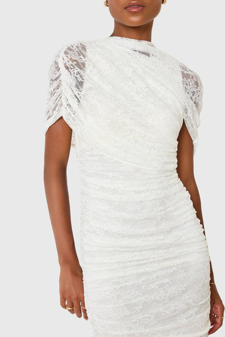 Aurohaya Sylphe White Asymmetrical Ruched Mesh Maxi Dress