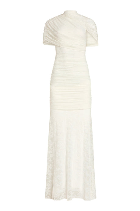 Aurohaya Sylphe White Asymmetrical Ruched Mesh Maxi Dress