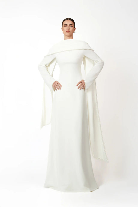 Aurohaya Piroska White Pearl Trim Shawl Detail Maxi Dress