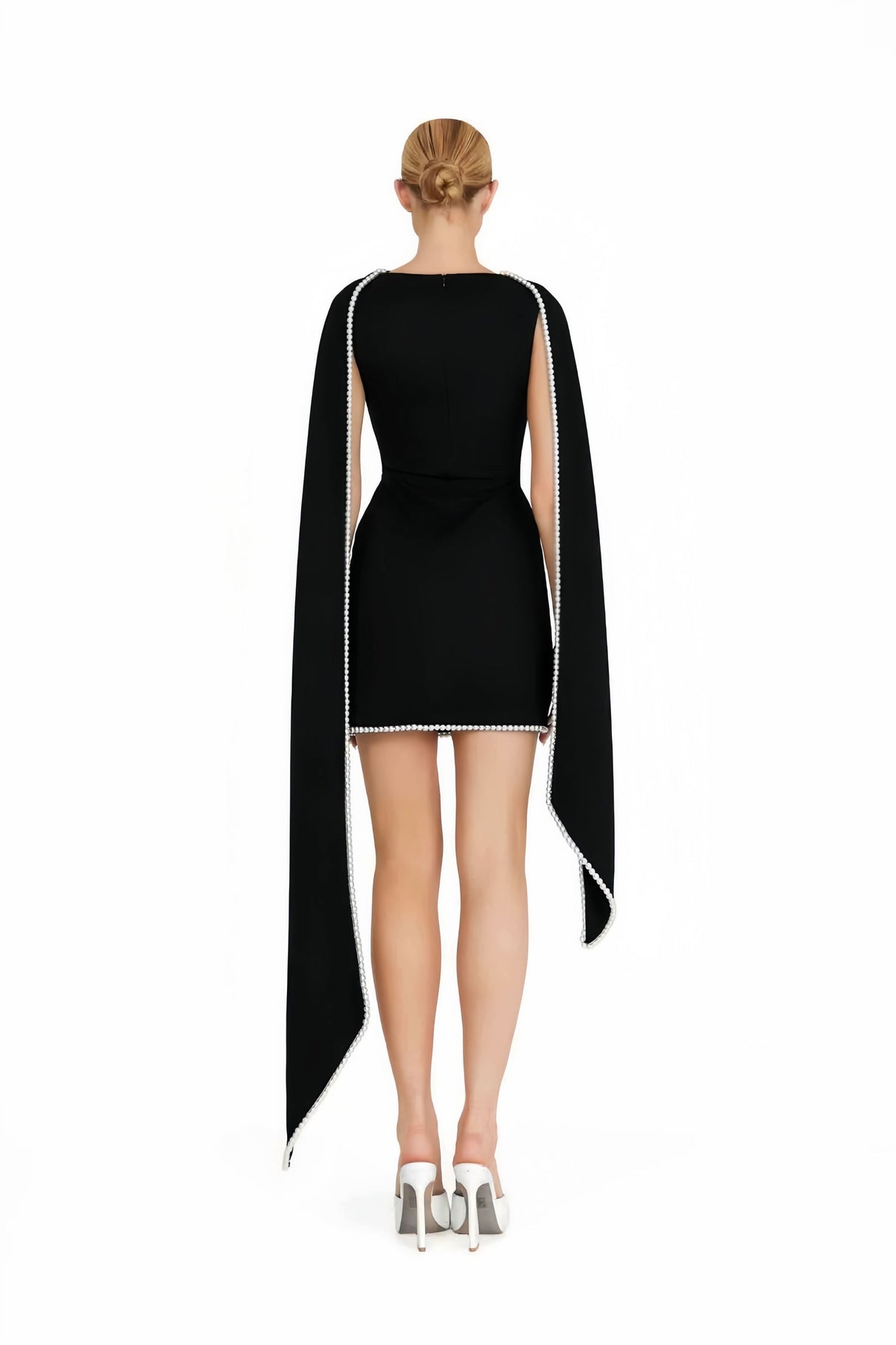 Aurohaya Piroska Black Sleeveless Pearl Trim Mini Dress