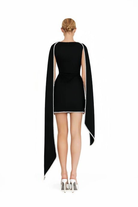 Aurohaya Piroska Black Sleeveless Pearl Trim Mini Dress