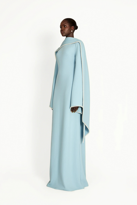Aurohaya Piroska Blue Pearl Trim Shawl Detail Maxi Dress