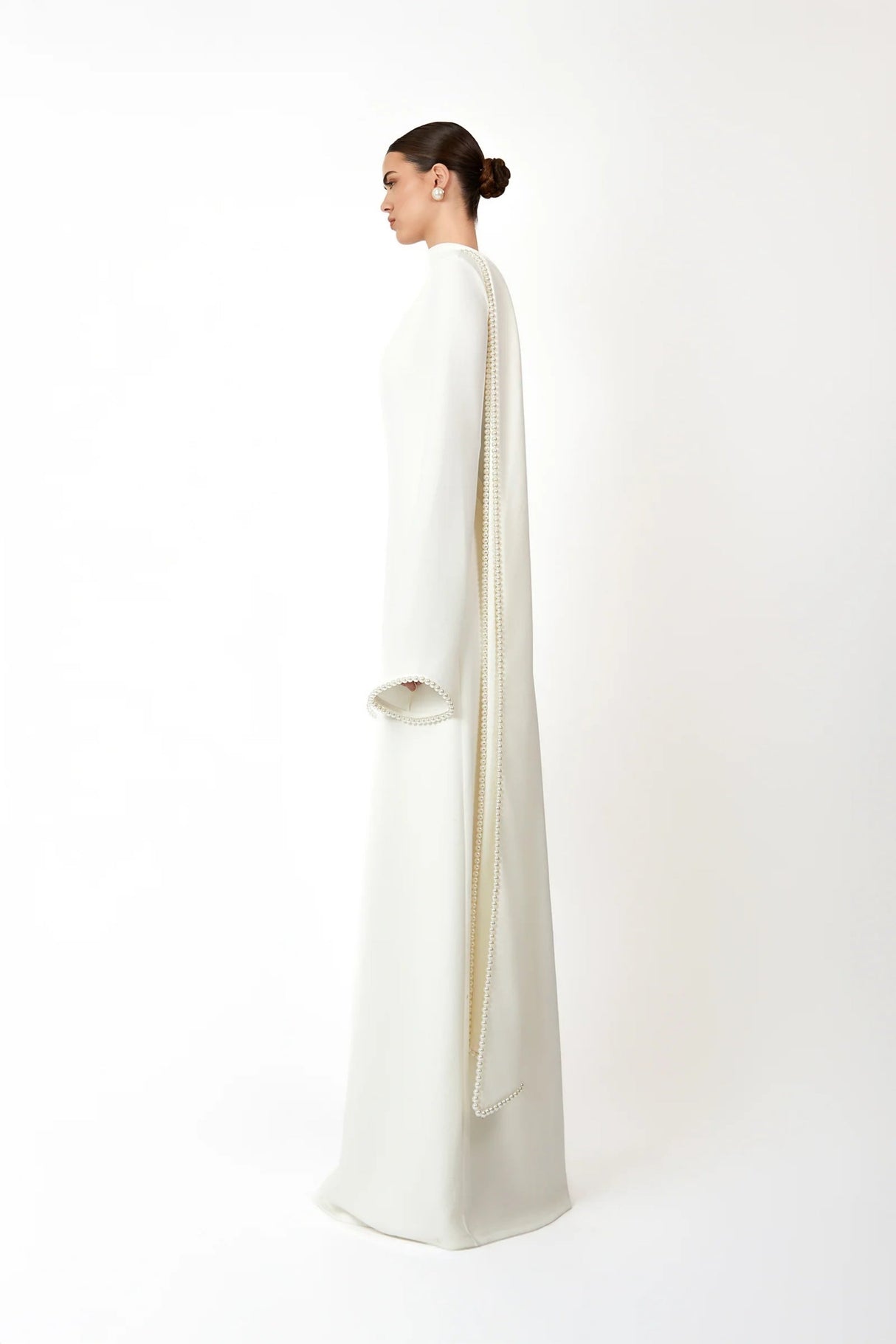 Aurohaya Piroska White Pearl Trim Shawl Detail Maxi Dress