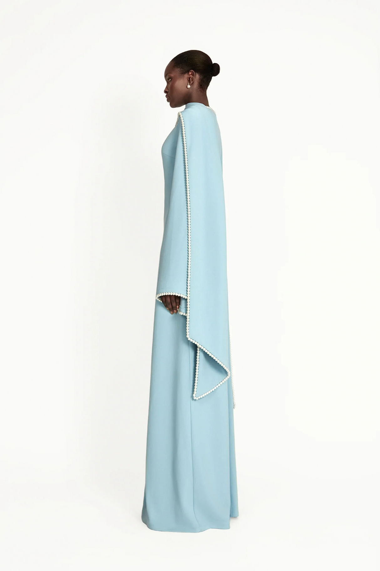 Aurohaya Piroska Blue Pearl Trim Shawl Detail Maxi Dress