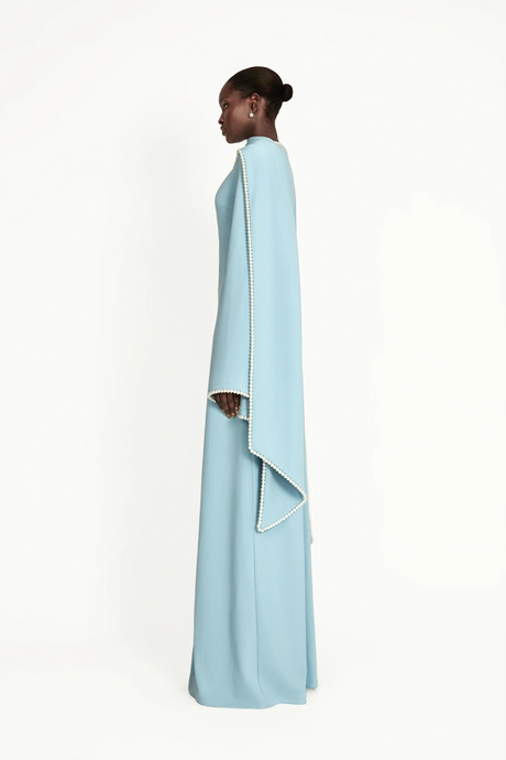 Aurohaya Piroska Blue Pearl Trim Shawl Detail Maxi Dress