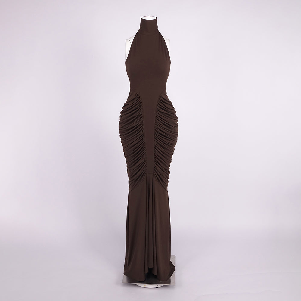 Aurohaya Candice Ruched Sleeveless High Neck Maxi Dress Coffee