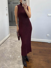 Aurohaya Elegant High-Neck Ribbed Knit Sleeveless Maxi Dress Burgundy