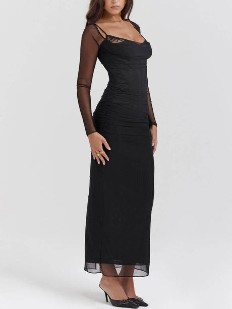 Aurohaya Black Backless Bodycon Suspender Maxi Dress