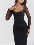 Aurohaya Black Backless Bodycon Suspender Maxi Dress