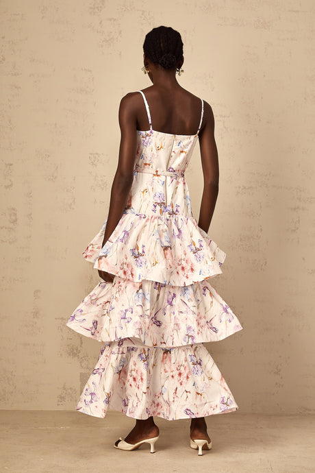 Aurohaya Géraldine White Floral Print Ruffled Tiered Maxi Dress