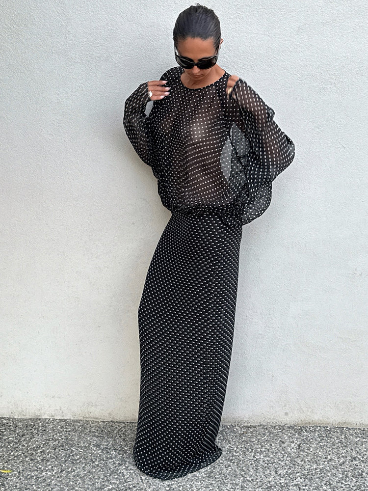 Aurohaya Clara Polka Dot Sheer Maxi Dress