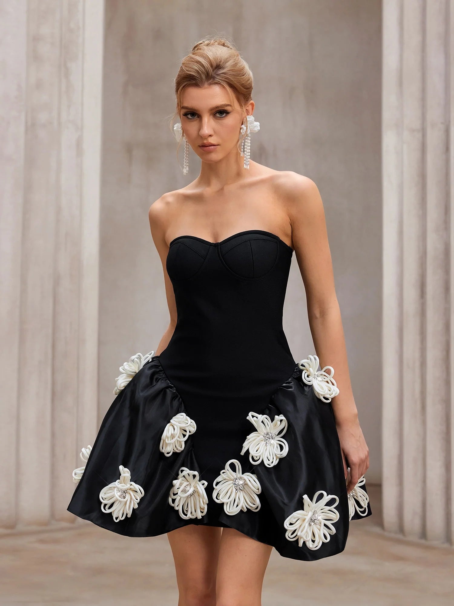 Aurohaya Renee Strapless Floral Appliqué Mini Dress Black