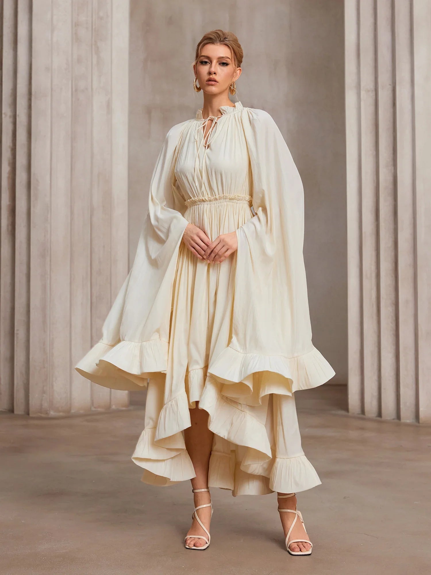 Aurohaya Jacqueline Cape Sleeve Ruffle Midi Dress Oatmilk Beige