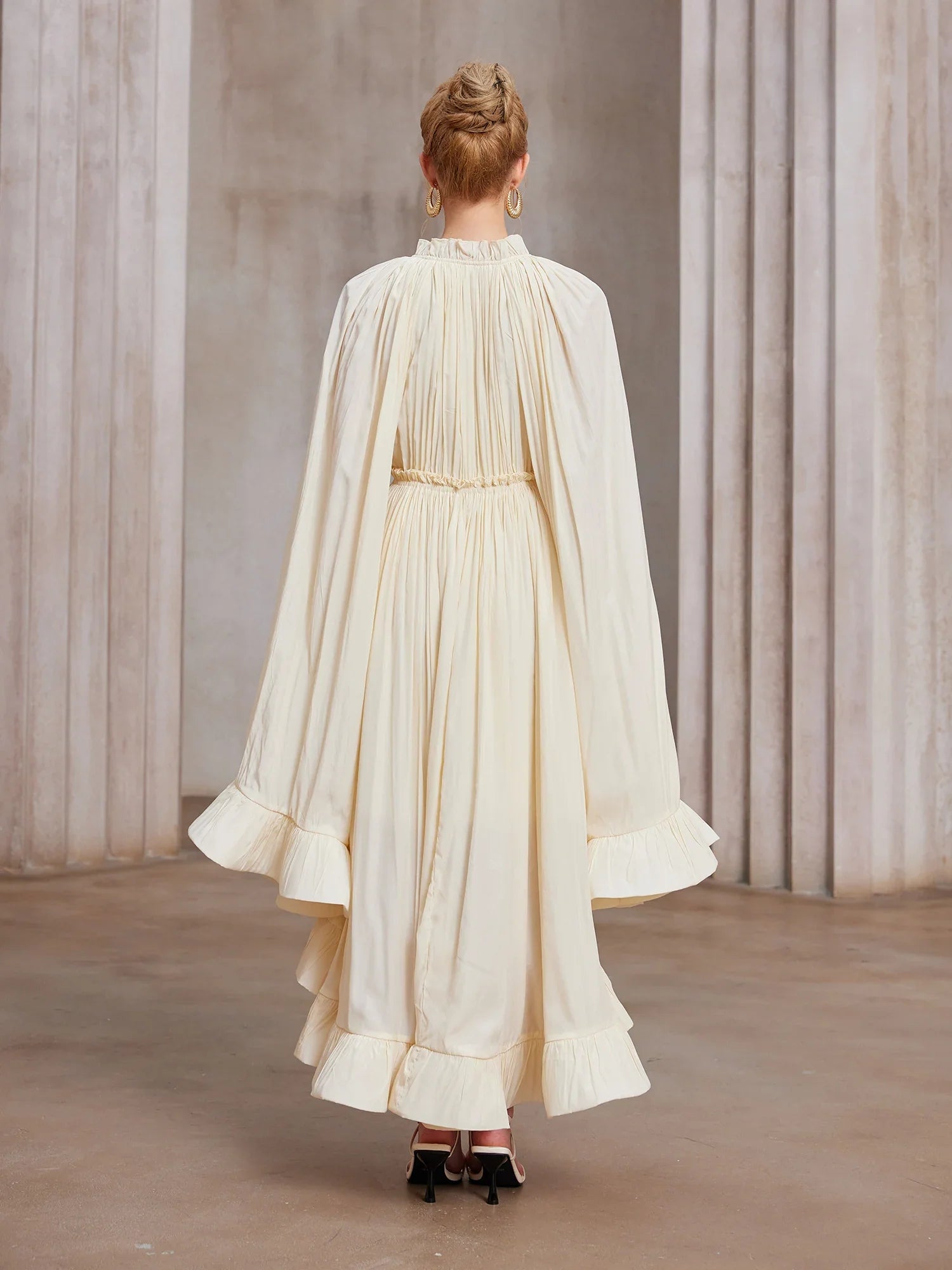 Aurohaya Jacqueline Cape Sleeve Ruffle Midi Dress