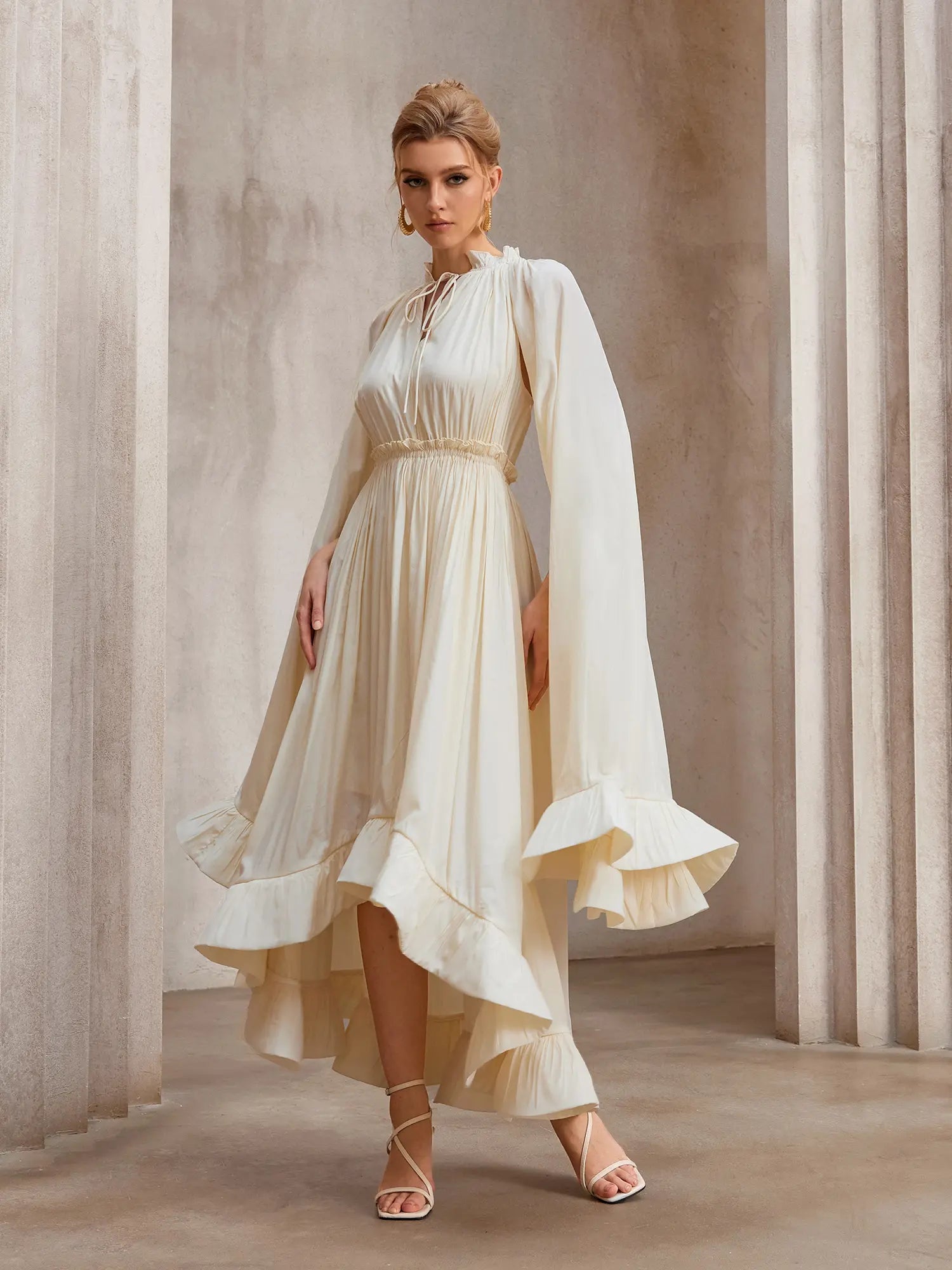 Aurohaya Jacqueline Cape Sleeve Ruffle Midi Dress