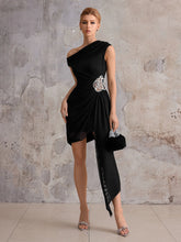 Aurohaya Yvonne One-Shoulder Draped Mini Dress Black