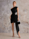 Aurohaya Yvonne One-Shoulder Draped Mini Dress Black