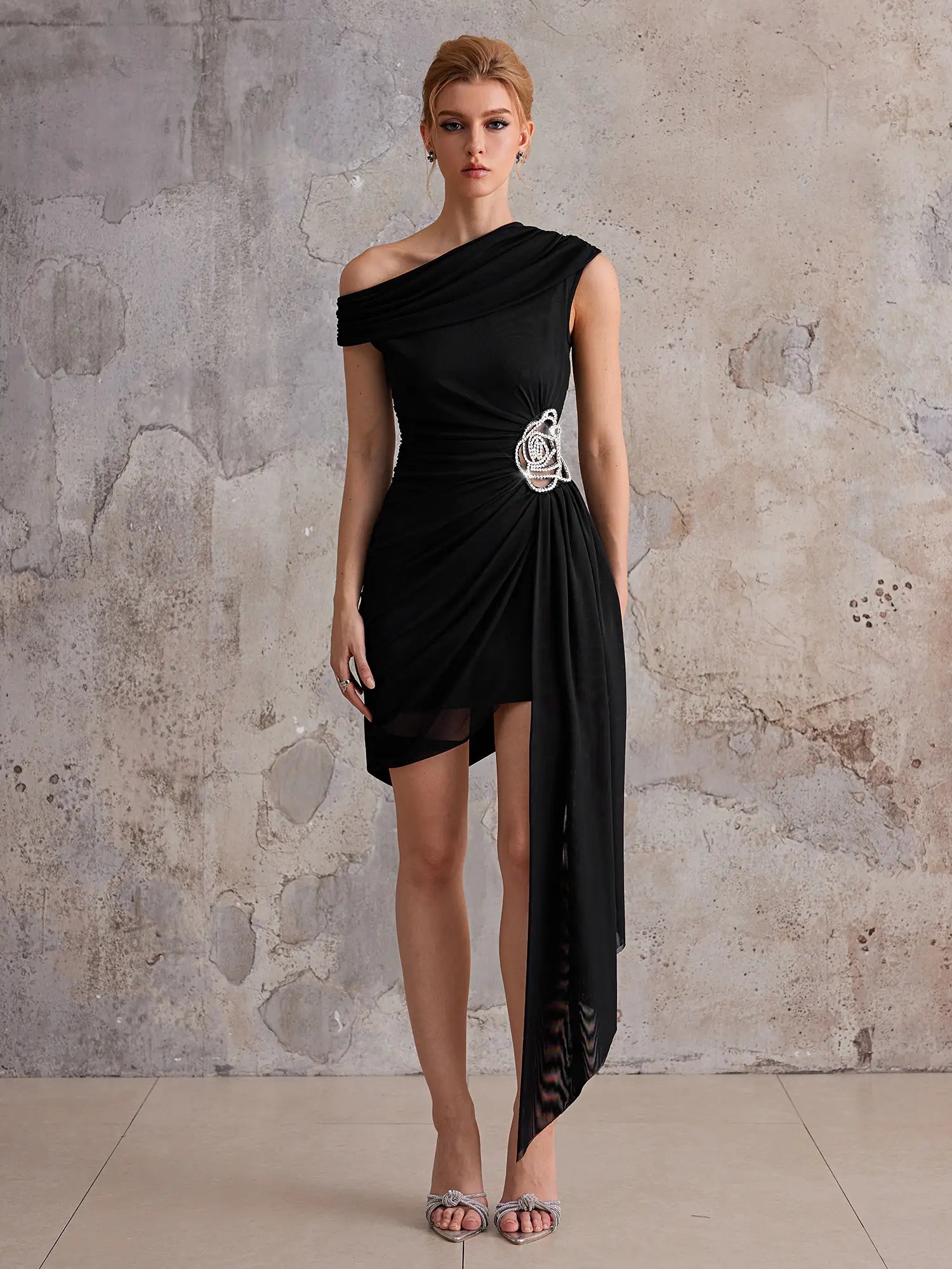 Aurohaya Yvonne One-Shoulder Draped Mini Dress