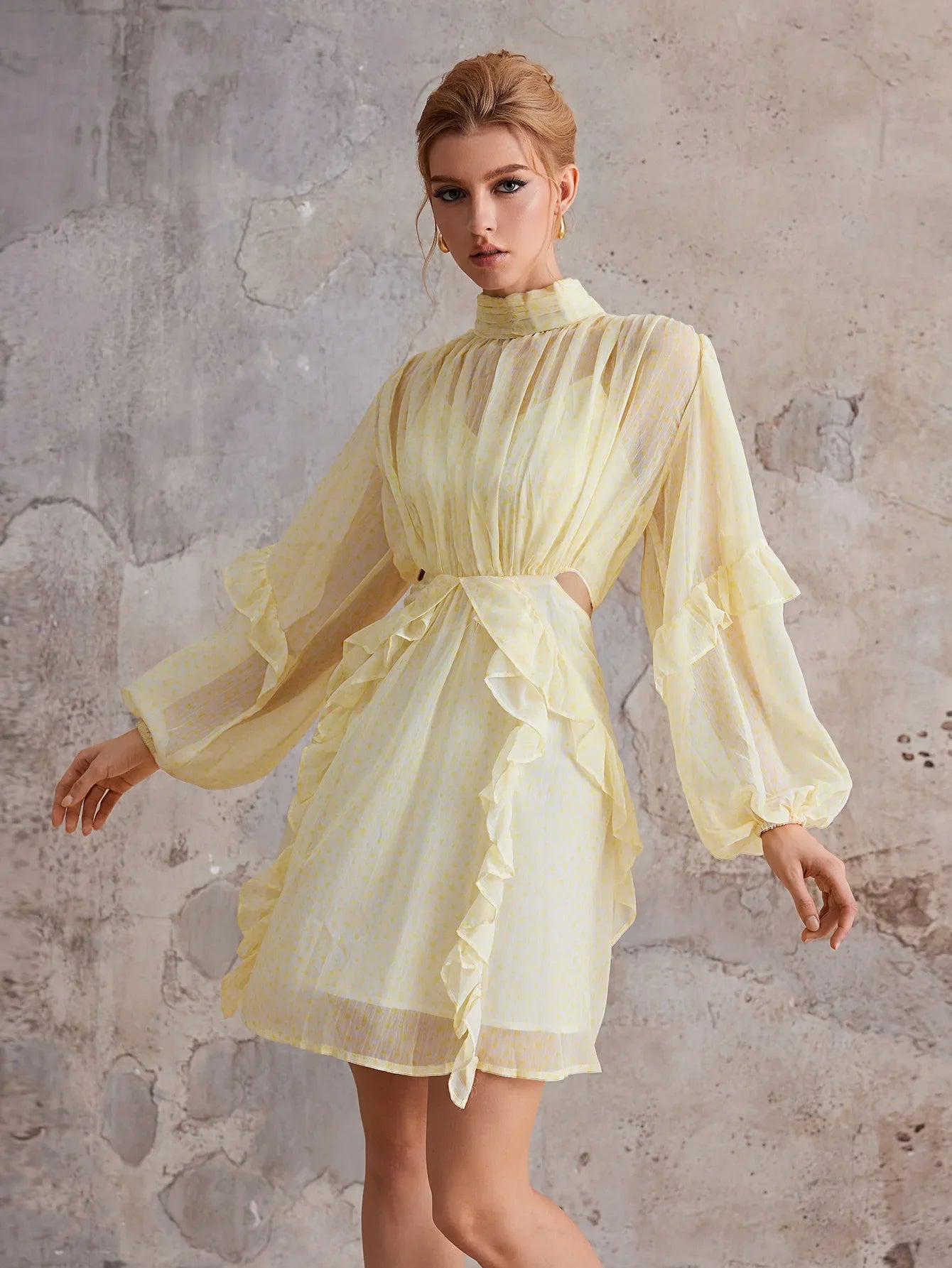 Aurohaya Lucienne High Neck Ruffle Mini Dress Linen Dust