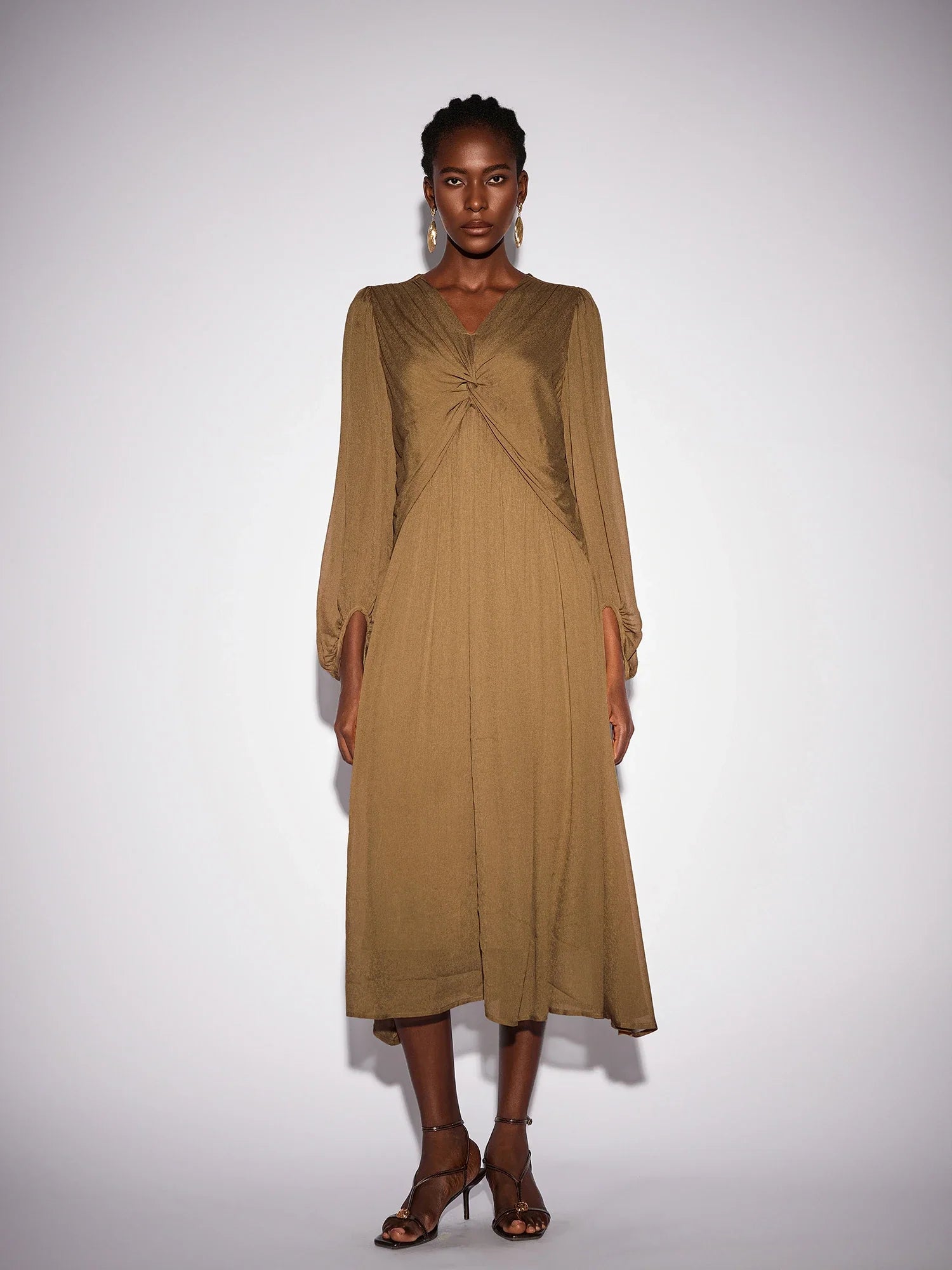 Aurohaya Marie Ruched V Neck Long Sleeve Midi Dress