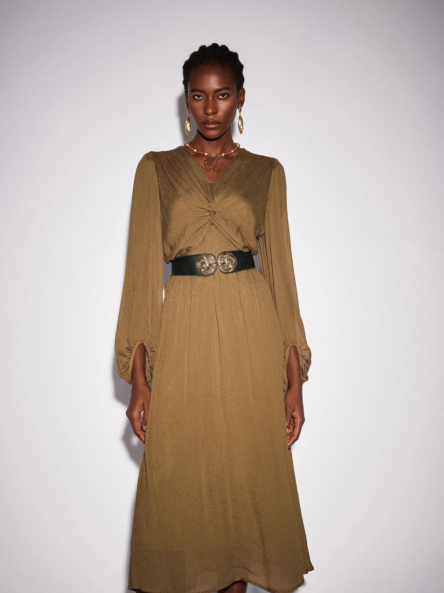 Aurohaya Marie Ruched V Neck Long Sleeve Midi Dress