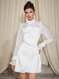 Aurohaya Bernadette High Neck Sheer Sleeve Mini Dress White