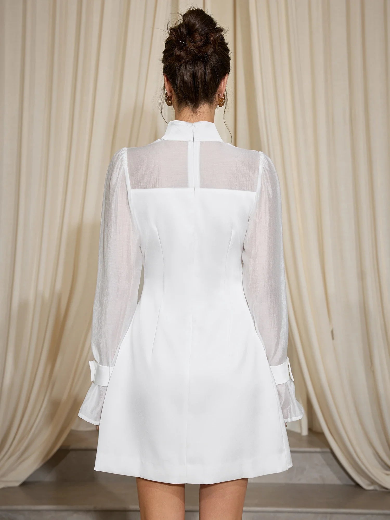 Aurohaya Bernadette High Neck Sheer Sleeve Mini Dress