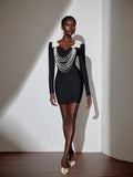 Aurohaya Josiane Pearl Chain Bodycon Mini Dress Black