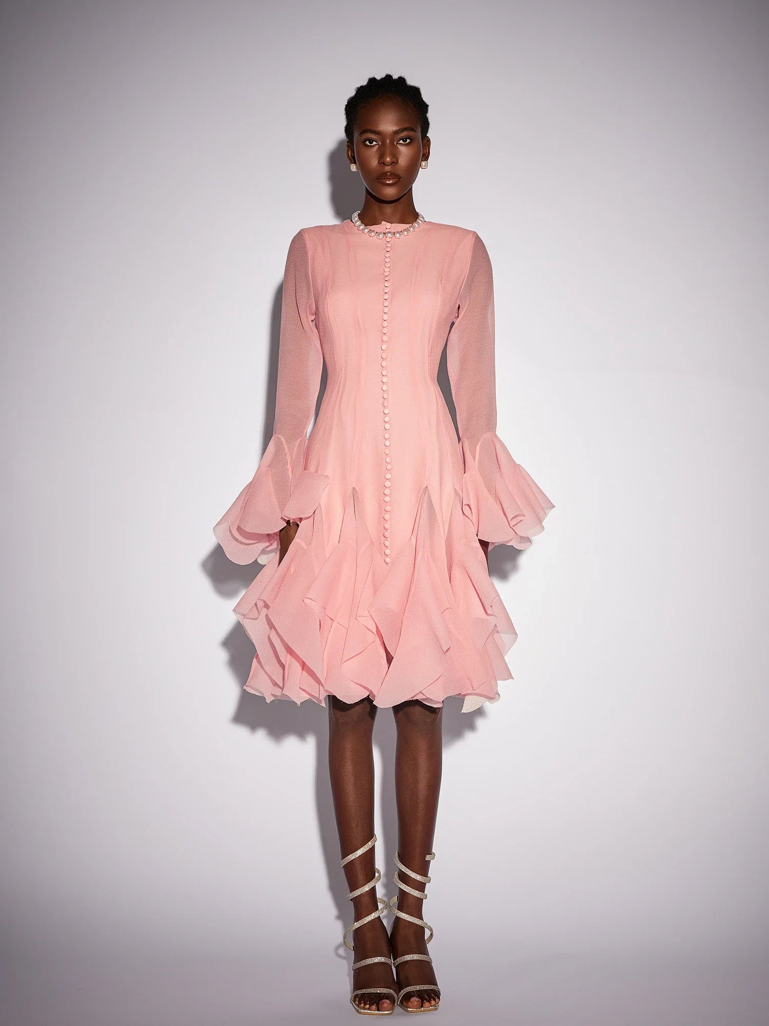 Aurohaya Anne Ruffled Mesh Long Sleeve Midi Dress Peach Whip