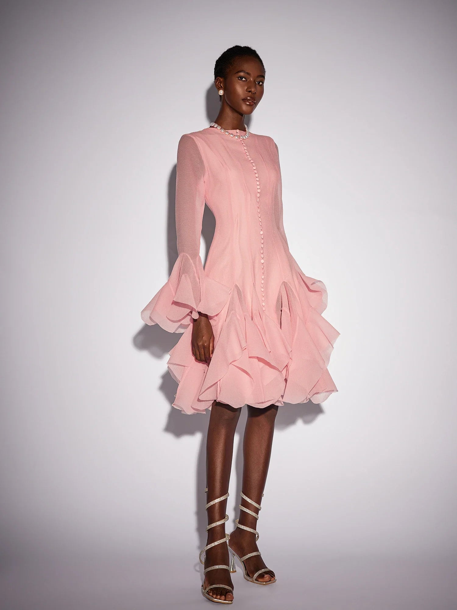 Aurohaya Anne Ruffled Mesh Long Sleeve Midi Dress